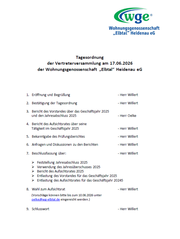 Tagesordnung zur Vertreterversammlung am 17.06.2026